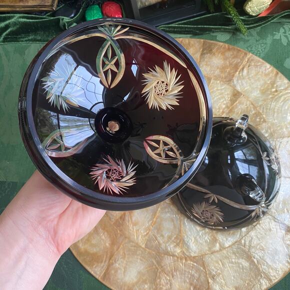 Antique Bohemian Amethyst Cut To Clear Crystal Footed Candy Dish Bowl with Lid - Picture 5 of 14